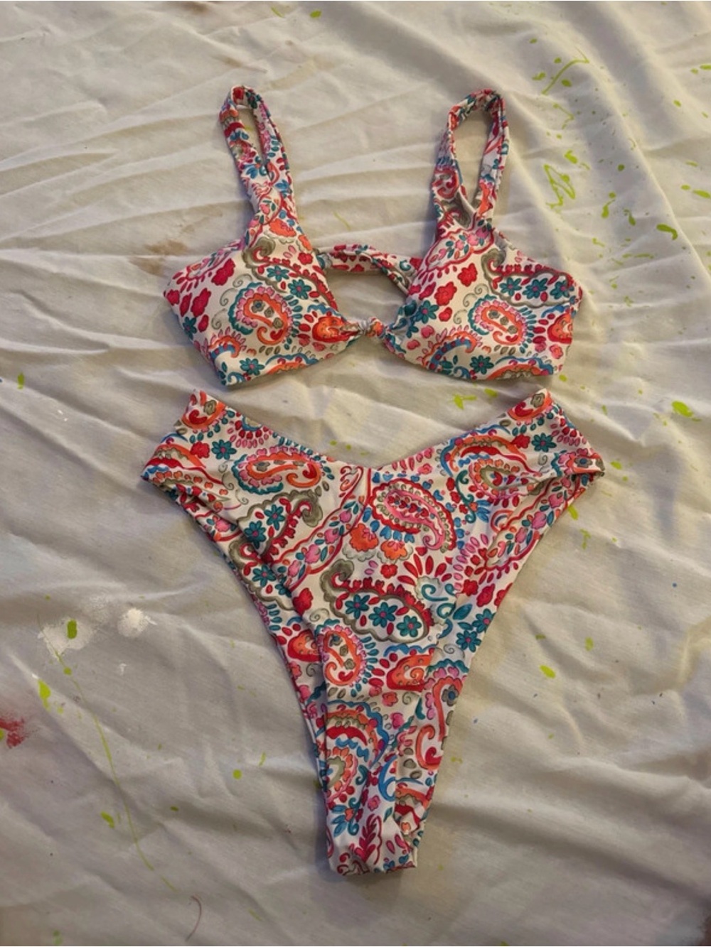 SHEIN White Paisley Print Bikini Set with Pink, Orange & Teal Accents